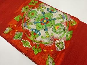 アンティーク　手織り紬抽象花模様織出し名古屋帯